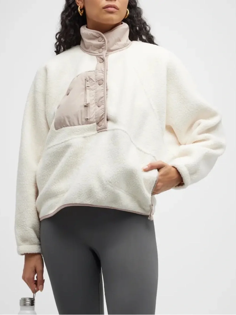 Free People FP Movement Hit The Slopes Pullover Fleece Jacket Ivory Combo XL